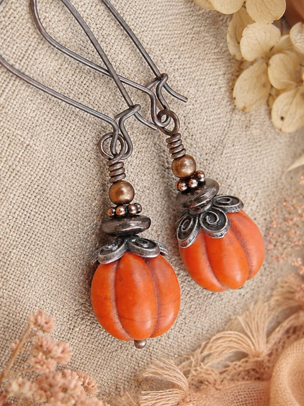Rustic Pumpkin Earrings Copper Dangle Orange Gemstone Autumn Fall Boho Handmade